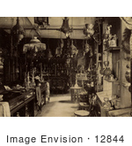 #12844 Picture Of A Store Interior With Lamps Pipes And Textiles