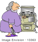 #13363 Old Woman Cooking With An Antique Stove Clipart