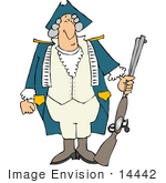 #14442 Revolutionary War Soldier In A Wig And Uniform Holding A Rifle Clipart