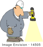#14505 Middle Aged Caucasian Man In Coveralls Shining A Flashlight Downwards Clipart
