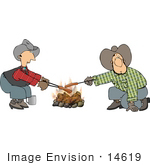 #14619 Two Caucasian Cowboys Roasting Hot Dogs Over A Campfire Clipart