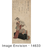 #14633 Photo Of A Geisha Woman Sitting On A Trunk And Holding A Fan