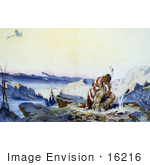 #16216 Picture Of A Native American Man In The Cold By A Fire Watching A Plane Fly Above
