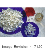#17120 Picture Of Plain White Popcorn In Blue Glass Bowls Glass Of Lemon Tea Cinnamon Stick And A Red Poppy