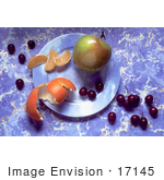 #17145 Picture Of An Apple Curly Orange Peel 3 Orange Slices And Purple Grapes On A Plate