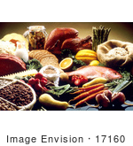 #17160 Picture Of Food Still Life With Poultry Meat Seafood Breads Beans Veggies And Fruits