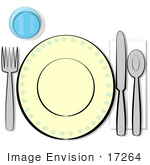 #17264 Table Place Setting With A Cup Fork Plate Knife Spoon And Napkin Clipart
