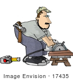 #17435 Carpenter Man Bending Over A Power Saw To Cut Wood Clipart