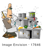 #17646 Food Health Inspector In A Gross Kitchen With Spills And Gnats Clipart