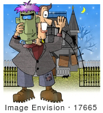 #17665 Middle Aged Man Trick Or Treating As Frankenstein Standing In Front Of A Haunted House On Halloween Clipart