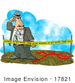 #17821 Crime Scene Investigator (Csi) Man Behind Warning Tape Looking At A Chalk Body Outline Clipart