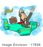#17836 Pilot Man Waving And Flying A Plane Near A Duck Clipart