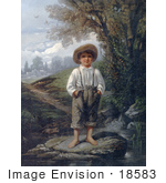 #18583 Photo Of A Little Boy Standing Barefoot On A Rock In A Stream