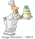 #18910 Male Chef Carrying A Three Tiered Vanilla Birthday Cake With Candles On Top Clipart
