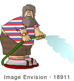 #18911 Man Watering With A Green Garden Hose Clipart