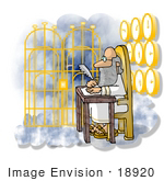 #18920 Saint Peter Writing With A Feather Quill Sitting By The Golden Gates Of Heaven Clipart