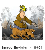 #18954 Handler Walking A Sniffing Search Dog In The Rubble Of A Burned Building Clipart
