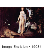 #19084 Photo Of A Nude Woman By A Sleeping Lion And Birds By Gustav Klimt