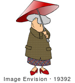 #19392 Senior Woman Walking Outdoors Under A Red Umbrella Clipart
