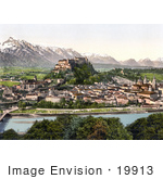 #19913 Stock Picture Of The Salzach River Flowing Near The Fortress Hohensalzburg And The City Of Salzburg In Austria