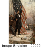 #20255 Historical Stock Photography: Abraham Lincoln Holding The Rope To An American Flag