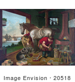 #20518 Historic Stock Photography Of A Donkey And A Dog Watching A Farrier Applying Horseshoes To A Horse