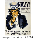 #20714 Stock Photography Of A Vintage War Poster Of Uncle Sam In Blue Pointing Outwards I Want You In The Navy And I Want You Now