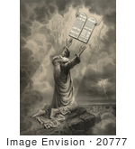#20777 Stock Photography Of Moses Kneeling While Receiveing The Tablets Of The Ten Commandments From God