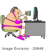 #20848 Chubby Woman With Her Hair In Curlers Wearing A Bra And Panties Smoking And Drinking Coffee While Using A Computer Clipart