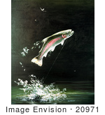#20971 Clipart Image Illustration Of A Rainbow Trout Fish Jumping Out Of The Water After Biting A Fishing Hook
