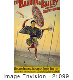 #21099 Stock Photography Of A Japanese Tightrope Walker Carrying An Umbrella And Hand Fan While Walking On A Tightrope