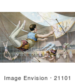 #21101 Stock Photography Of Spectators Watching 5 Male Trapeze Artists Performing Under The Big Top