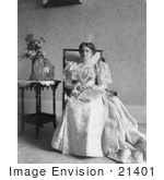 #21401 Stock Photography Of First Lady Ida Saxton Mckinley In A Gown Sitting By A Vase Of Flowers And Portrait On A Table