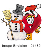 #21485 Clip Art Graphic Of A Red Love Heart Cartoon Character With A Snowman On Christmas