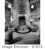 #21613 Stock Photography Of The Lobby With Couches And Fireplace At Timberline Lodge Oregon