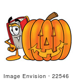 #22546 Clip Art Graphic Of A Book Cartoon Character With A Carved Halloween Pumpkin