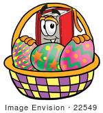 #22549 Clip Art Graphic Of A Book Cartoon Character In An Easter Basket Full Of Decorated Easter Eggs