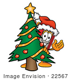 #22567 Clip Art Graphic Of A Book Cartoon Character Waving And Standing By A Decorated Christmas Tree