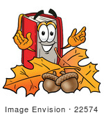 #22574 Clip Art Graphic Of A Book Cartoon Character With Autumn Leaves And Acorns In The Fall by toons4biz