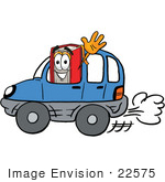 #22575 Clip Art Graphic Of A Book Cartoon Character Driving A Blue Car And Waving