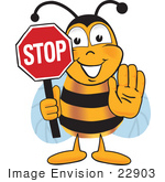 #22903 Clip art Graphic of a Honey Bee Cartoon Character Holding a Stop Sign by toons4biz
