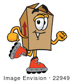 #22949 Clip Art Graphic Of A Cardboard Shipping Box Cartoon Character Roller Blading On Inline Skates