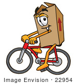 #22954 Clip Art Graphic Of A Cardboard Shipping Box Cartoon Character Riding A Bicycle