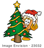 #23032 Clip Art Graphic Of A Frothy Mug Of Beer Or Soda Cartoon Character Waving And Standing By A Decorated Christmas Tree