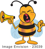 #23039 Clip Art Graphic Of A Honey Bee Cartoon Character Screaming Into A Megaphone by toons4biz