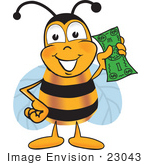 #23043 Clip Art Graphic Of A Honey Bee Cartoon Character Holding A Dollar Bill