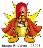 #23228 Clip Art Graphic Of A Red And Yellow Pill Capsule Cartoon Character Dressed As A Super Hero