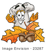 #23287 Clip Art Graphic Of A White Chefs Hat Cartoon Character With Autumn Leaves And Acorns In The Fall