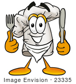 #23335 Clip Art Graphic Of A White Chefs Hat Cartoon Character Holding A Knife And Fork