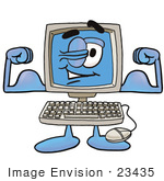 #23435 Clip Art Graphic of a Desktop Computer Cartoon Character Flexing His Arm Muscles by toons4biz